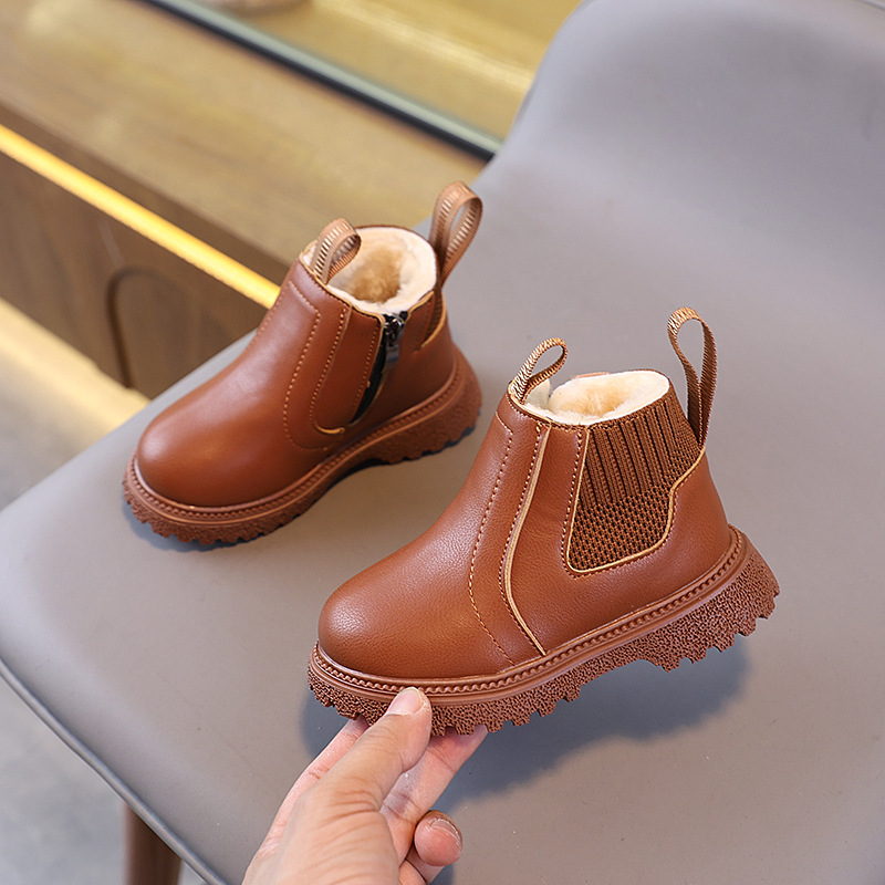 Leather Work For Kids - أحذية قصيرة للأطفال مبطنة بالصوف للشتاء،